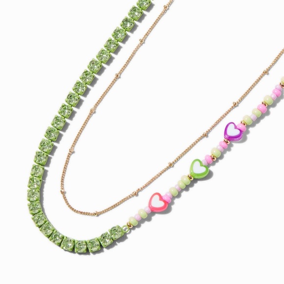 Claire's Green Pink Purple Heart Beads Faux Rhinestone Necklace, Gold-tone Chain - Picture 1 of 8
